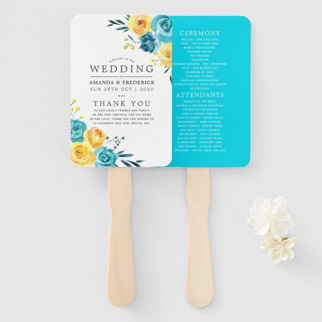 Leque Programa de Casamento Floral Turquesa e Amarelo (Frente e Verso)