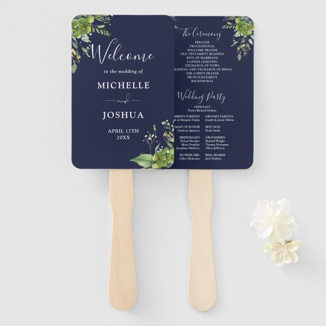 Leque Programa de Casamento Floral Verde Elegante Azul M (Frente e Verso)
