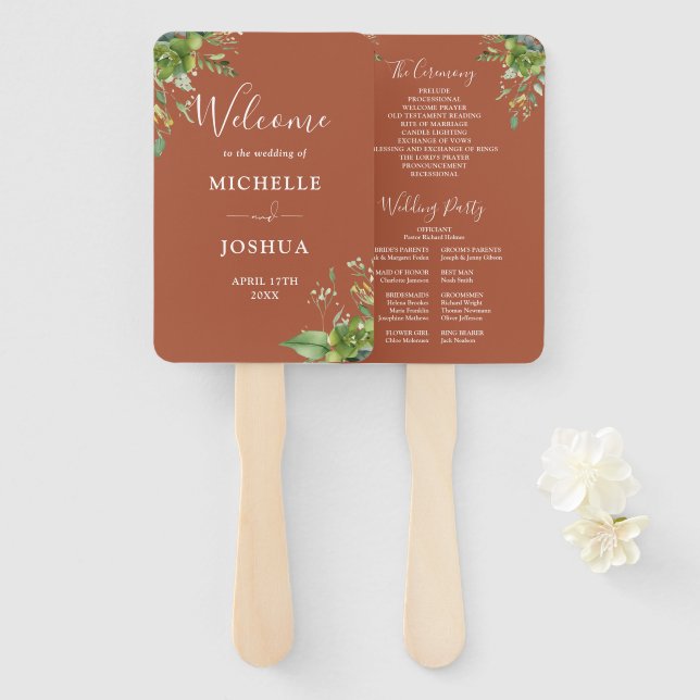 Leque Programa de Casamento Floral Verde Elegante Terrac (Frente e Verso)