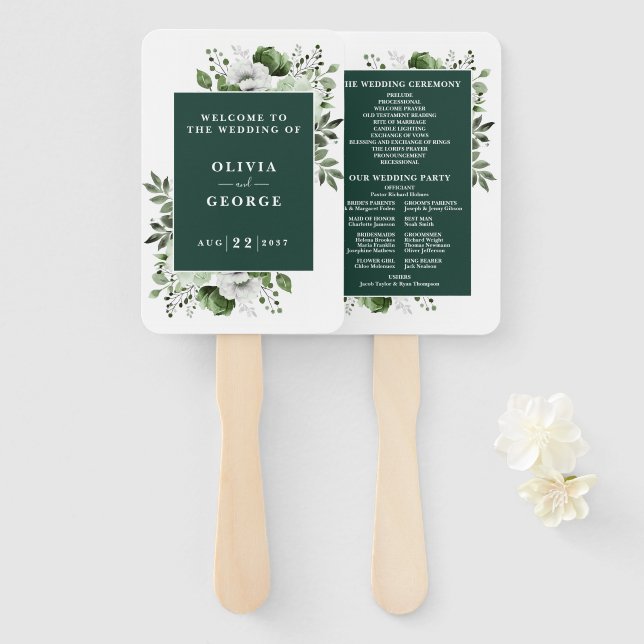 Leque Programa de Casamento Floral Verde Esmeralda Elega (Frente e Verso)