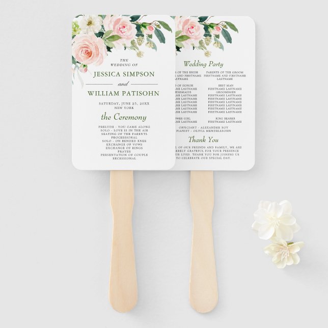 Leque Programa de Casamento Floral Verde para Flores Ros (Frente e Verso)