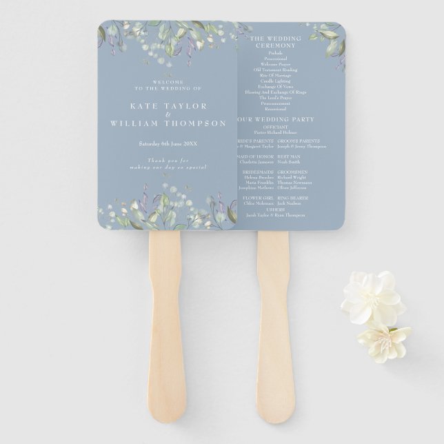 Leque Programa de Casamento Floral Verde Poeira Azul (Frente e Verso)