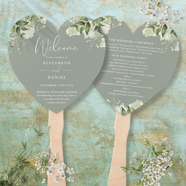 Leque Programa de Casamento Floral Verde Sage Coração (Greenery Floral Sage Green Wedding Program Heart Hand Fan)