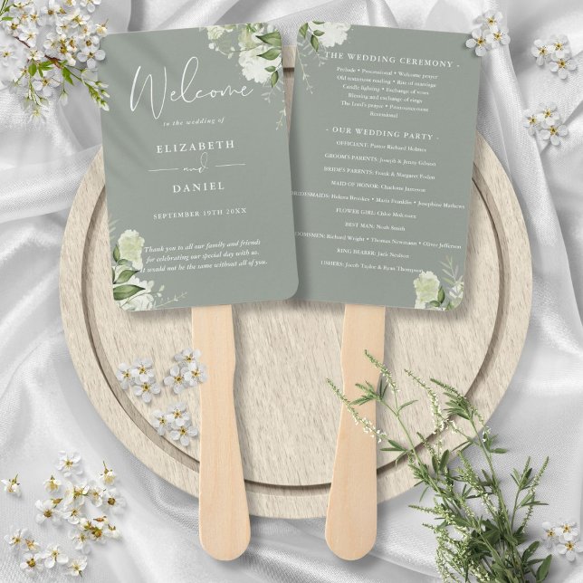 Leque Programa de Casamento Floral Verde Sálvia (Sage Green Floral Greenery Wedding Program Hand Fan)
