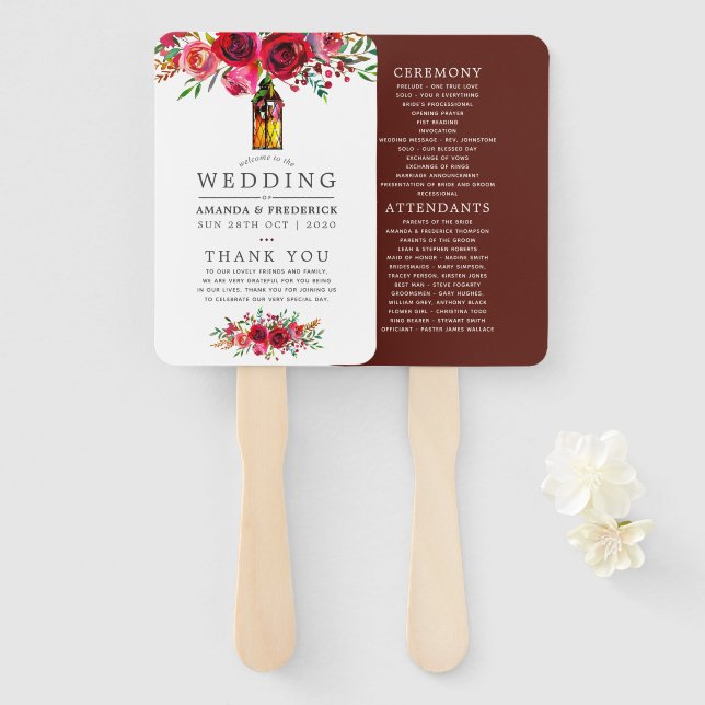 Leque Programa de Casamento Floral Vermelho Burgundy e R (Frente e Verso)