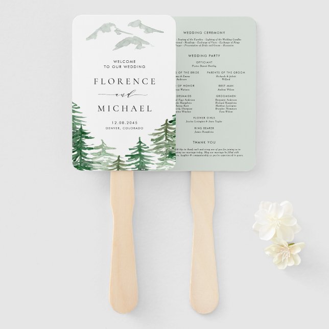 Leque Programa de Casamento Floresta de Aquarela Românti (Frente e Verso)
