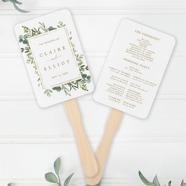 Leque Programa de Casamento Folhagem Dourada Botânica (Front & Back)