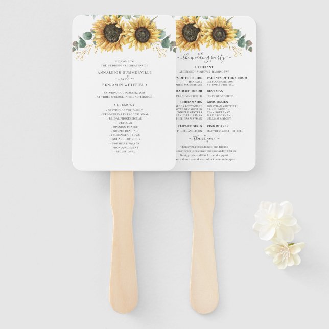 Leque Programa de Casamento Folhas de Eucalipto Girassol (Frente e Verso)