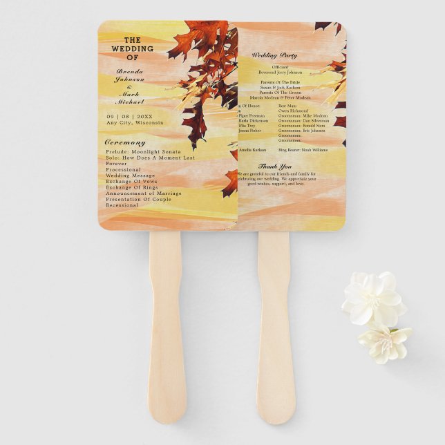 Leque Programa de Casamento Folhas de Outono Laranja Ama (Frente e Verso)