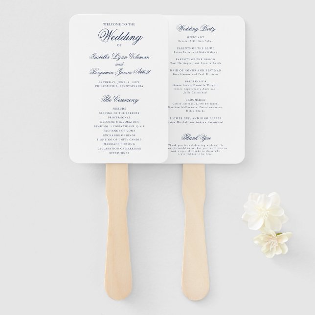Leque Programa de Casamento Formal Azul Marinho Tradicio (Frente e Verso)