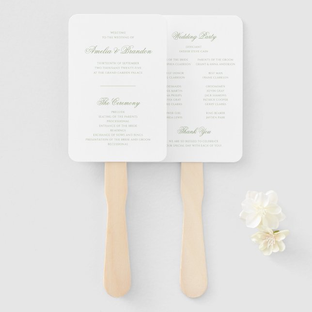 Leque Programa de Casamento Formal Clássico em Verde Sag (Frente e Verso)