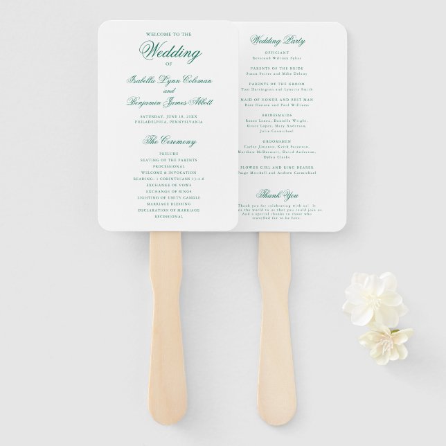 Leque Programa de Casamento Formal Esmeralda Verde Tradi (Frente e Verso)