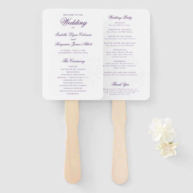Leque Programa de Casamento Formal Roxo Tradicional Eleg (Frente e Verso)