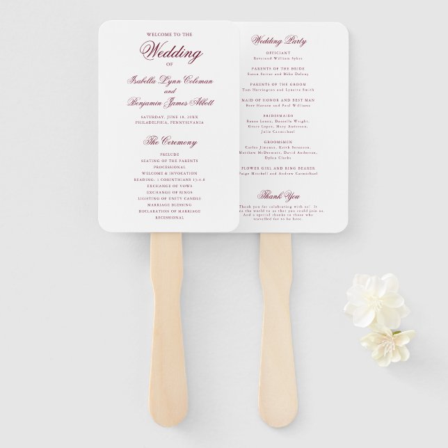 Leque Programa de Casamento Formal Tradicional Borgonha (Frente e Verso)