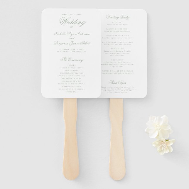 Leque Programa de Casamento Formal Verde Sage Tradiciona (Frente e Verso)