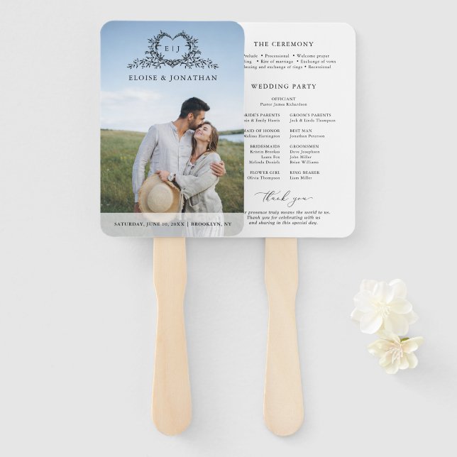 Leque Programa de Casamento Foto Chic Monograma Minimali (Frente e Verso)