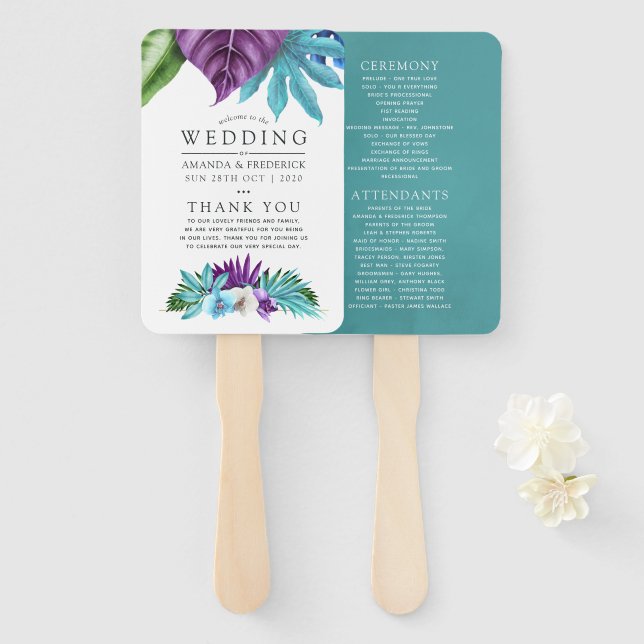 Leque Programa de Casamento Geométrico de Orquídeas Trop (Frente e Verso)