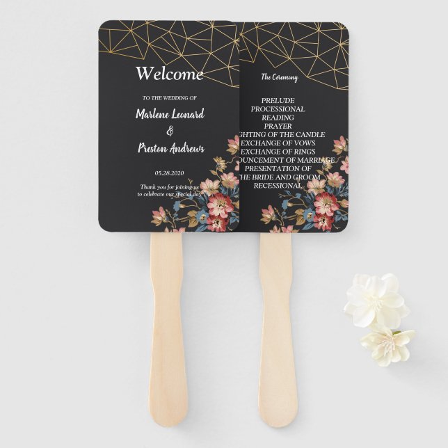 Leque Programa de Casamento Geométrico Dourado (Frente e Verso)