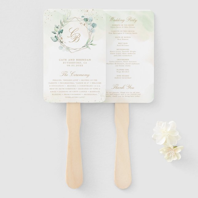 Leque Programa de Casamento Geométrico Dourado com Verde (Frente e Verso)