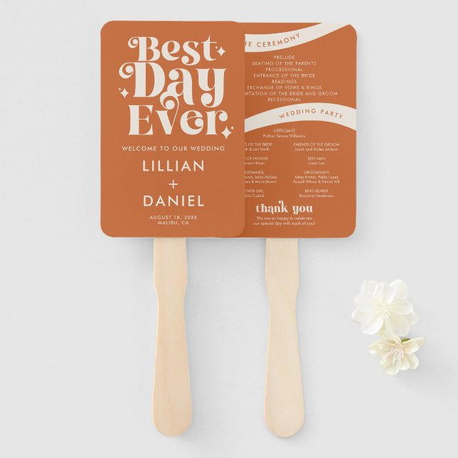 Leque Programa de Casamento Laranja Moderno Retrô (Frente e Verso)