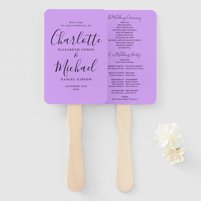 Leque Programa de Casamento Lavanda Lilás Orquídea Scrip (Frente e Verso)