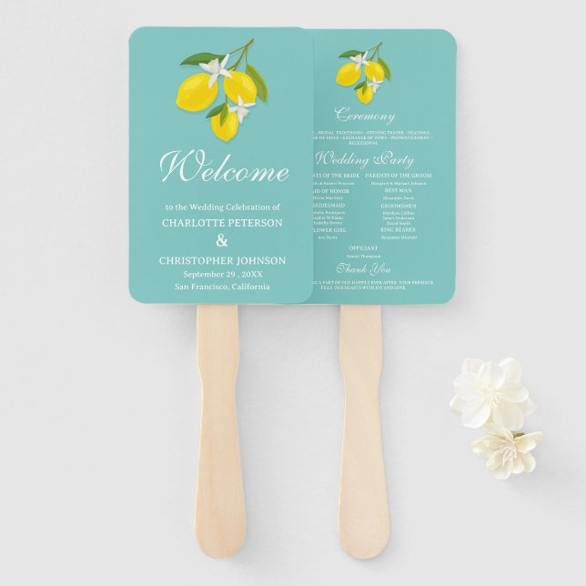 Leque Programa de Casamento Limão Azul e Amarelo  (Frente e Verso)