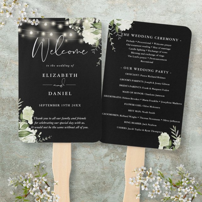 Leque Programa de Casamento Luzes Florais Preto e Branco (Black And White Floral Lights Wedding Program Hand Fan)