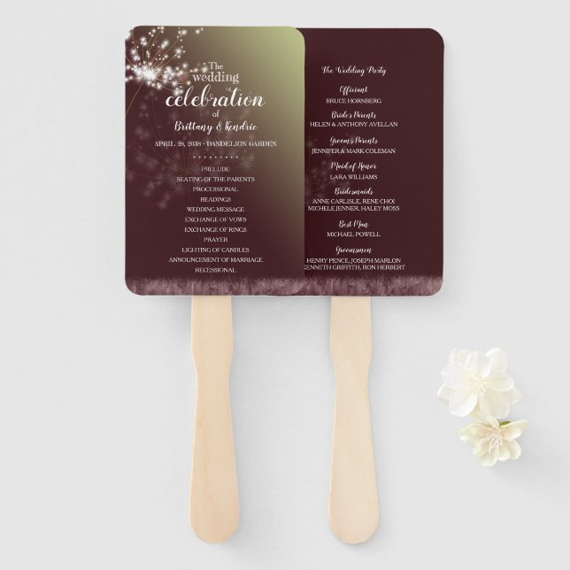 Leque Programa de Casamento Magical de Dandelions Burgun (Frente e Verso)
