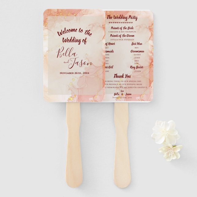 Leque Programa de Casamento Mármore Laranja Dourado Pêss (Frente e Verso)