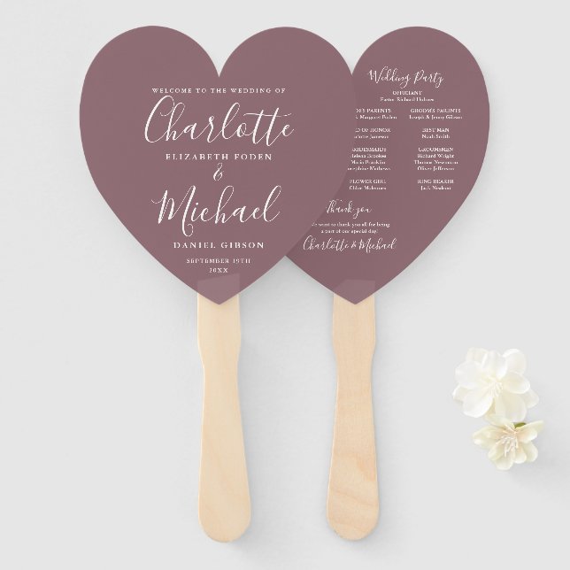 Leque Programa de Casamento Mauve Chic Coração (Frente e Verso)