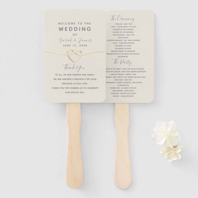 Leque Programa de Casamento Minimalista Dourado (Frente e Verso)