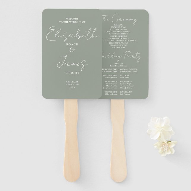 Leque Programa de Casamento Minimalista em Verde Salvia  (Frente e Verso)
