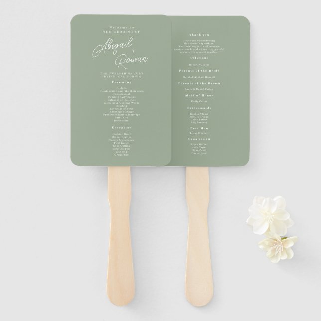 Leque Programa de Casamento Minimalista em Verde Salvia (Frente e Verso)