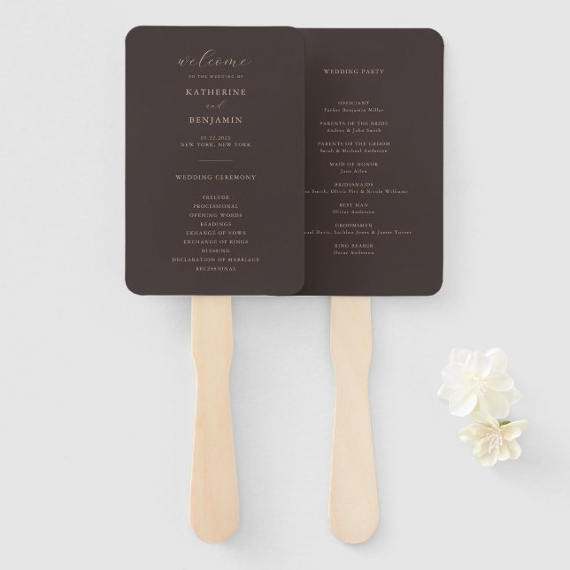 Leque Programa de Casamento Minimalista Marrom Moderno (Frente e Verso)