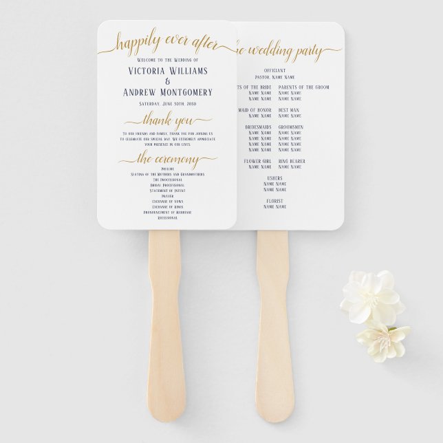 Leque Programa de Casamento Mínimo de Script Dourado do  (Frente e Verso)