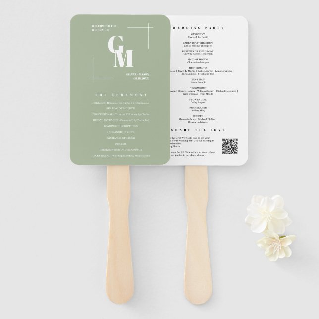 Leque Programa de Casamento Mínimo Verde de Dusty Chic M (Frente e Verso)