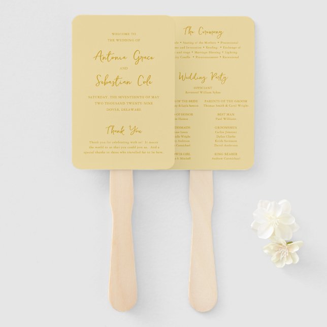 Leque Programa de Casamento Moderno Amarelo Manteiga Ele (Frente e Verso)