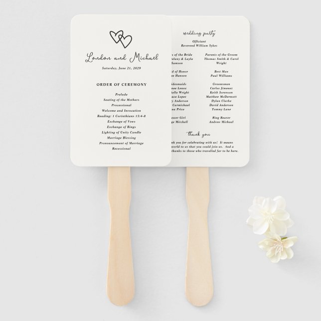 Leque Programa de Casamento Moderno com Corações Desenha (Frente e Verso)