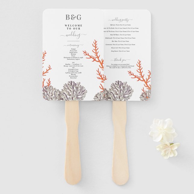 Leque Programa de Casamento Moderno da Praia de Coral Wa (Frente e Verso)