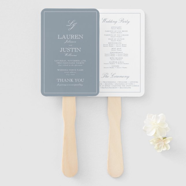 Leque Programa de Casamento Moderno de Script Azul Monog (Frente e Verso)