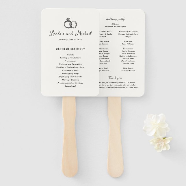 Leque Programa de Casamento Moderno Desenho à Mão (Frente e Verso)