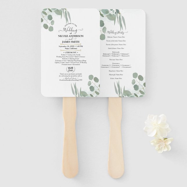 Leque Programa de Casamento Moderno e Elegante com Verde (Frente e Verso)