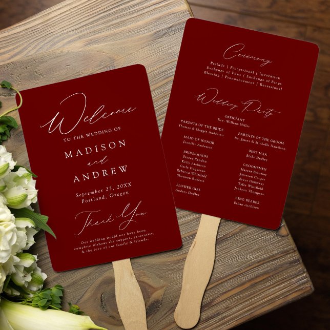Leque Programa de Casamento Moderno Elegante Borgonha (Criador carregado)