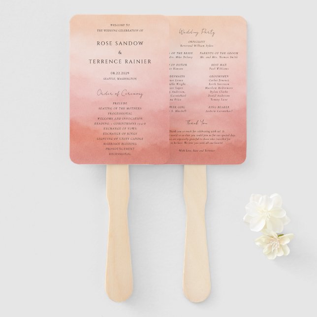 Leque Programa de Casamento Moderno Elegante Coral Costa (Frente e Verso)