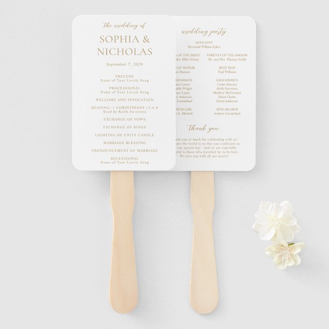 Leque Programa de Casamento Moderno em Ouro Simples (Frente e Verso)