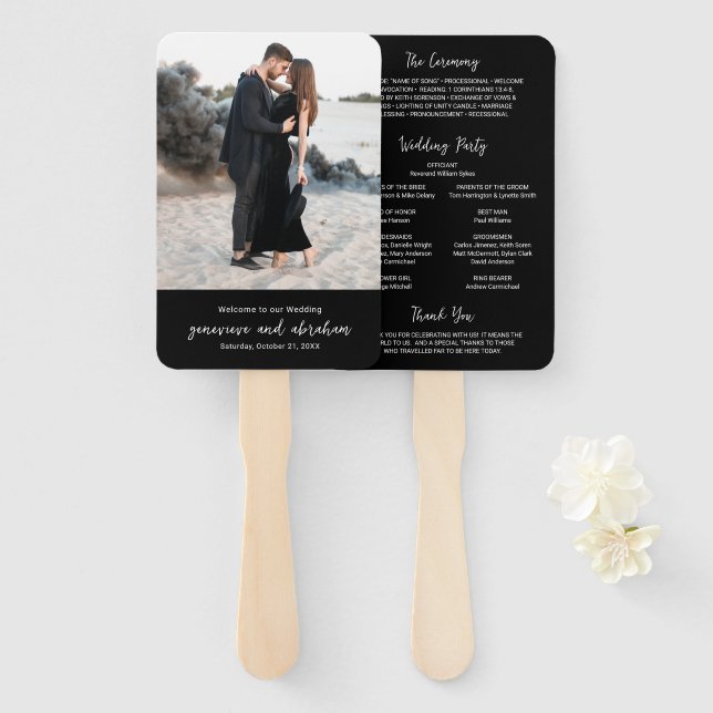 Leque Programa de Casamento Moderno Foto Preta Limpa (Frente e Verso)