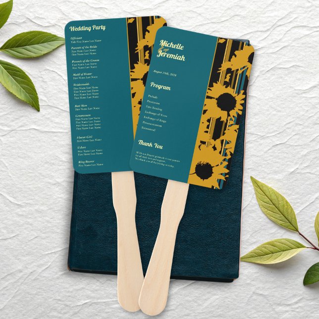 Leque Programa de Casamento Moderno Girassol Azul Teal D (Criador carregado)
