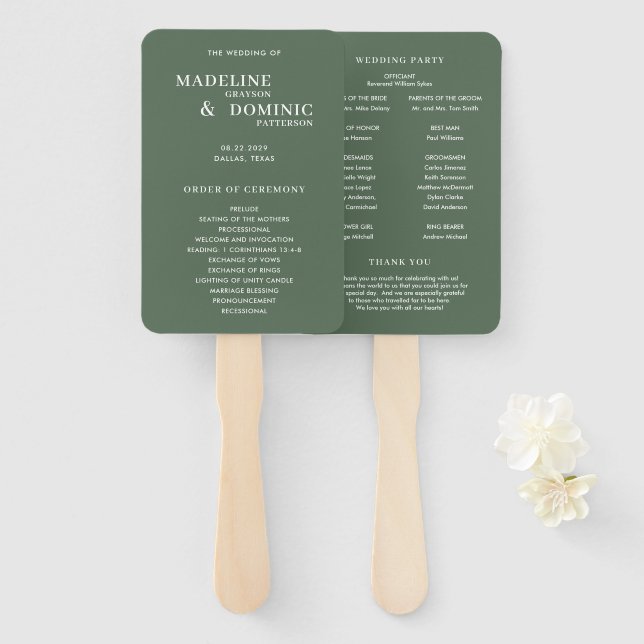 Leque Programa de Casamento Moderno Madeline Forest Gree (Frente e Verso)