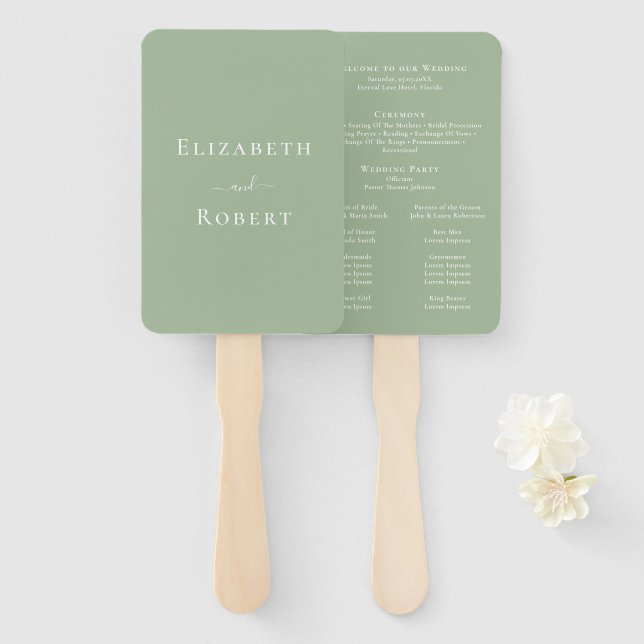 Leque Programa de Casamento Moderno Minimalista Verde Sa (Frente e Verso)