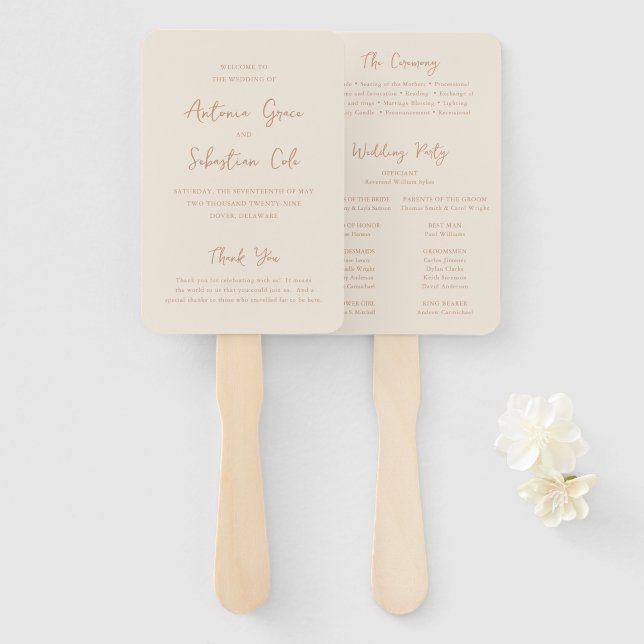 Leque Programa de Casamento Moderno Neutro Elegante e Te (Frente e Verso)
